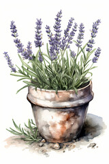 Botanical Watercolor Illustration of English Lavender in Pot. Generative AI