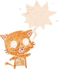 cartoon cat and speech bubble in retro textured style