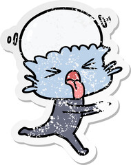 distressed sticker of a weird cartoon alien