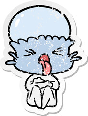 distressed sticker of a weird cartoon alien
