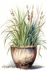 Botanical Watercolor Illustration of Feather Reed Grass in Pot. Generative AI