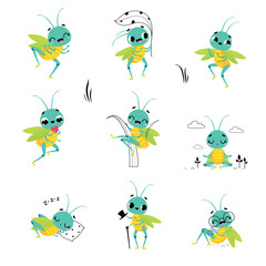 Cute grasshopper in its everyday activities set. Funny insect cartoon character jumping, sleeping and meditating vector illustration