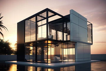 minimalist modern luxury home with large glass fronts at sunset, contemporary architecture and modern living, generative AI