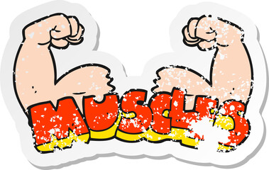 retro distressed sticker of a cartoon muscles symbol