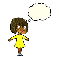 cartoon woman wearing dress with thought bubble