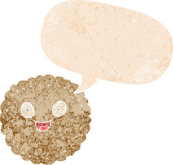 cartoon biscuit and speech bubble in retro textured style