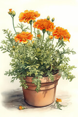 Botanical Watercolor Illustration of French Marigold in Pot. Generative AI