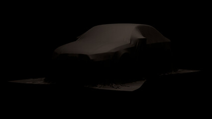 Fototapeta na wymiar Car under a dark cloth. Silk drapery on a new car. Concept transport. Car at the exhibition. Gift car. 3d render illustration mock up.