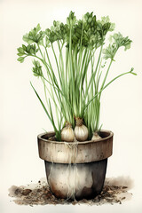 Botanical Watercolor Illustration of Garlic in Pot. Generative AI