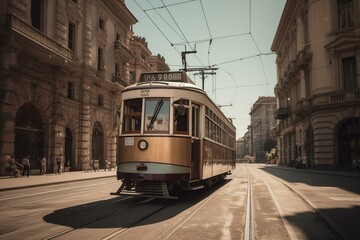 Obraz na płótnie Canvas Famous vintage tram in the centre of the Old Town of Milan in the sunny day, Lombardia, Italy. Arch of Peace, or Arco della Pace on the background. Generative AI