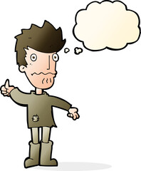 cartoon worried man giving thumbs up symbol with thought bubble