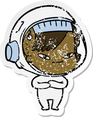 distressed sticker of a cartoon astronaut woman