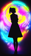 A vibrant night scene of girl illuminated in a rainbow of colors
