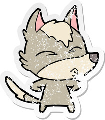 distressed sticker of a cartoon wolf whistling