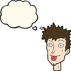 cartoon man sticking out tongue with thought bubble