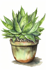 Botanical Watercolor Illustration of Haworthia in Pot. Generative AI
