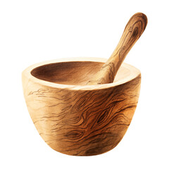 Watercolor wooden mortar and pestle isolated on white background. Beauty products and botany elements, cosmetology and medicine. For designers, spa decoration, postcards, wrapping paper, scrapbooking