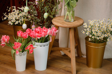 Many spring flowers in vases: tulips, daisies. Bright colors for mood