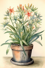 Botanical Watercolor Illustration of Hesperantha in Pot. Generative AI