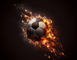 Naklejka premium A soccer ball with a fiery tail like a meteor on a black background. Generative AI.
