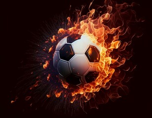Naklejka premium A soccer ball with a fiery tail like a meteor on a black background. Generative AI.