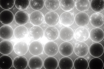 White pattern of transparent spheres on a black background. Abstract fractal 3D rendering