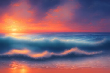 Naklejka na ściany i meble Ocean at sunset, watercolor tropical landscape with orange clouds, photo-realistic, ultra-realistic, highly detailed - generative ai