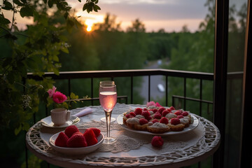 Table with burning candles, tea or wine, flowers, fruit on balcony on summer. Cosy summer evening with warm retro light. Made with Generative AI