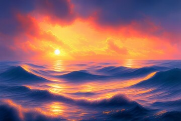 Fototapeta na wymiar Ocean at sunset, watercolor tropical landscape with orange clouds, photo-realistic, ultra-realistic, highly detailed - generative ai