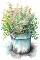 Botanical Watercolor Illustration of Japanese Spiraea in Pot. Generative AI