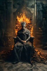 Dark king sitting on his throne, surrounded by bright flames. Generative AI