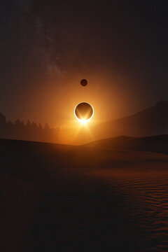 Solar eclipse over some desert dunes