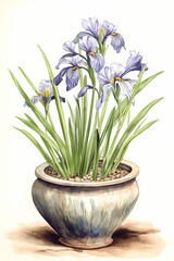 Botanical Watercolor Illustration of Japanese Water Iris in Pot. Generative AI