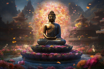 Meditating Buddha Sakyamuni on vibrant lotus platform with radiant flowers - obrazy, fototapety, plakaty