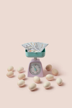 Wooden Easter eggs, scales with weighted dollars.