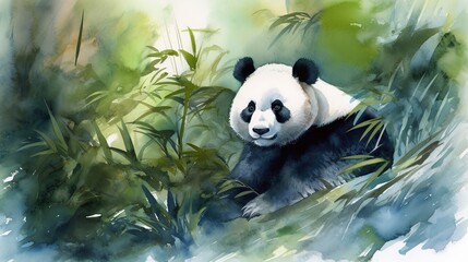 Fototapeta na wymiar In this watercolor painting, a majestic panda is depicted in all its glory