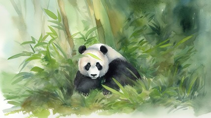 Obraz na płótnie Canvas In this watercolor painting, a serene panda is depicted in its natural habitat