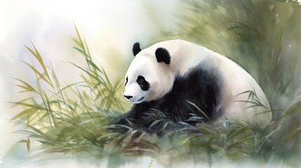 Fototapeta premium In this watercolor painting, a serene panda is depicted in its natural habitat