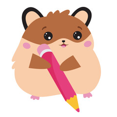 Obraz premium Cute kawaii hamster with pencil on white background. Cartoon pet. Hamster drawing. Vector illustration.