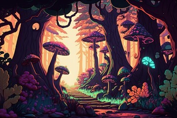 a painting of a forest filled with lots of mushrooms