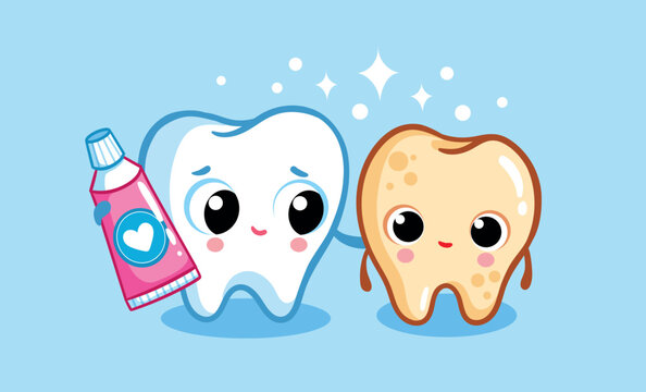 Sick and healthy tooth stand with toothpaste on a blue background.