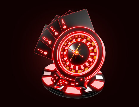 Casino chip with neon light and dark background. casino mix slot machine roulette dice set card chips. Casino Gambling Concept. 3d rendered illustration