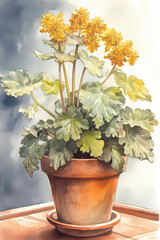 Botanical Watercolor Illustration of Leopard Plant in Pot. Generative AI
