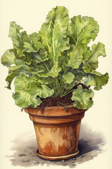 Botanical Watercolor Illustration of Lettuce in Pot. Generative AI