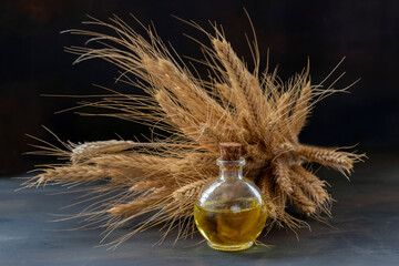 Wheat oil, wheat ears and wheat grains in the bottle.
