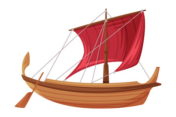 Wooden Boat with Oar as Greece Object and Traditional Cultural Symbol Vector Illustration