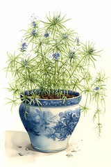 Botanical Watercolor Illustration of Love-in-a-Mist in Pot. Generative AI