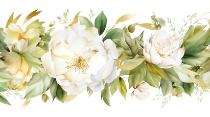 Fototapeta na wymiar illustration with green gold leaves, white flowers, rose, peony and branches