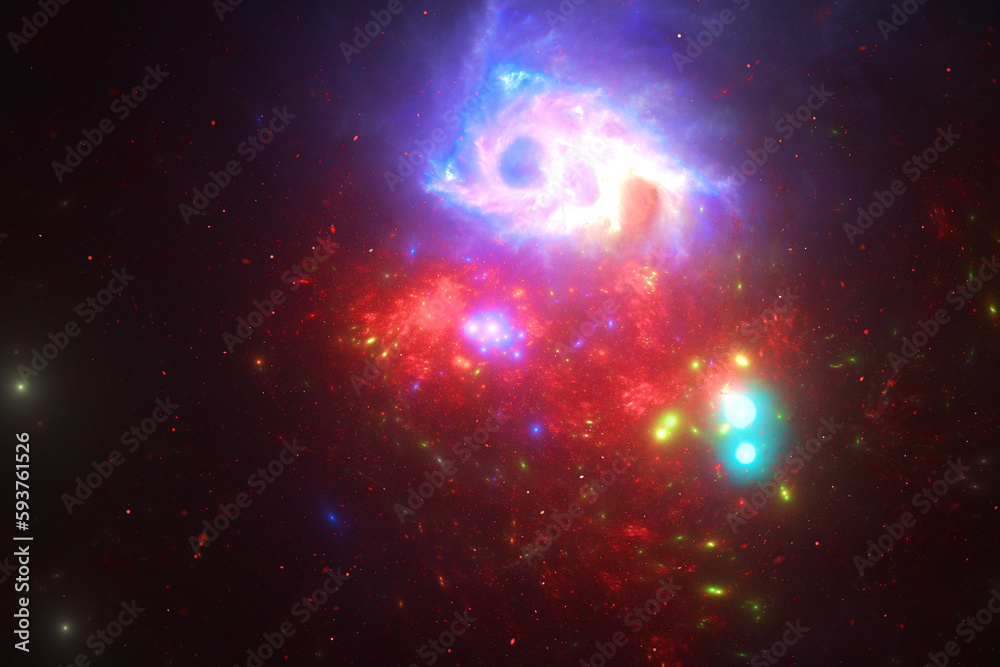 Wall mural red multicolored glowing clouds of stardust in black space. abstract fractal 3d rendering