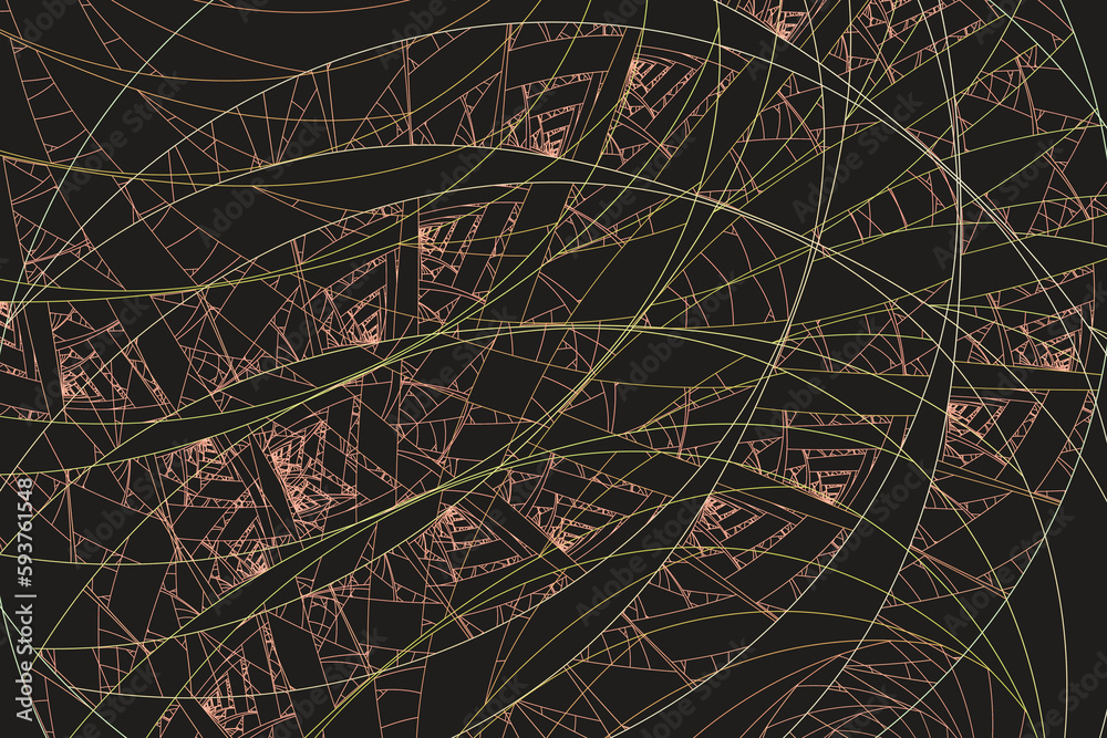 Wall mural green orange pattern of crooked threads on a black background. abstract fractal 3d rendering